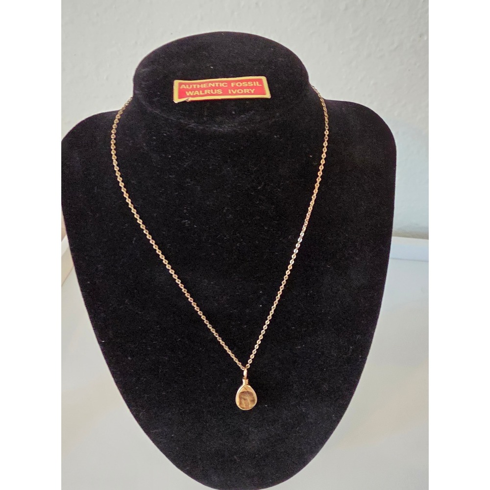 Authentic Fossil Walrus Ivory Scrimshaw Necklace 14kt Gold Filled Handmade 24in